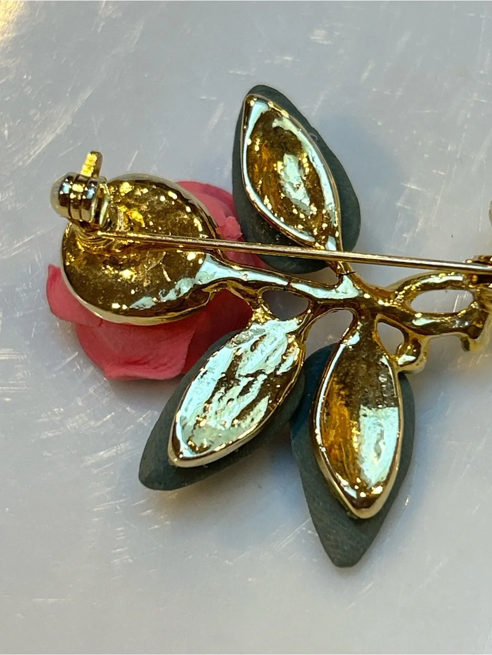 Vintage Gold Rose Pin Brooch with Pink Flower and Green Leaves